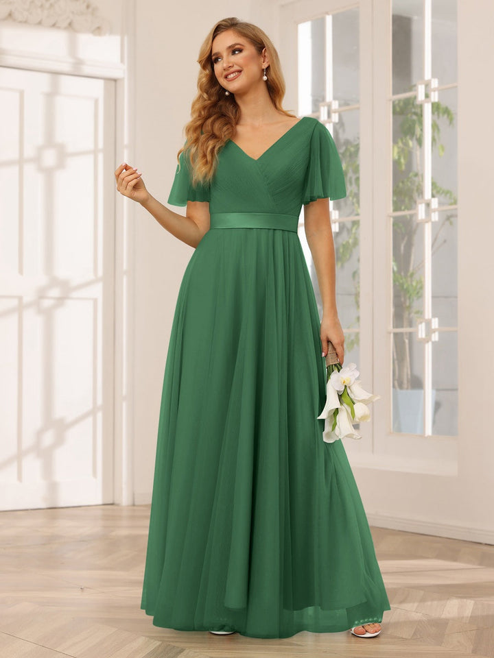 Ligne A/Princesse Col en V Manches Courtes La Longueur du Sol Long Robes de Demoiselle d'Honneur avec Dentelle