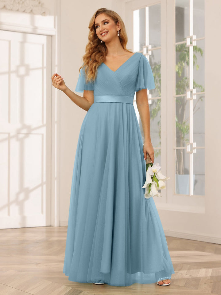 Ligne A/Princesse Col en V Manches Courtes La Longueur du Sol Long Robes de Demoiselle d'Honneur avec Dentelle