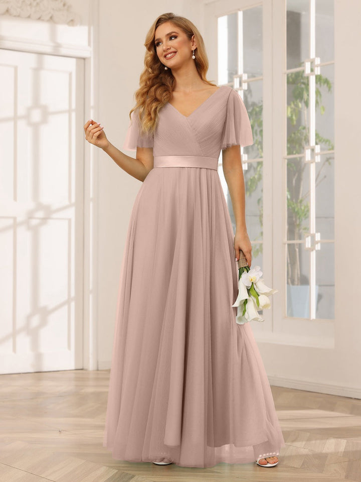 Ligne A/Princesse Col en V Manches Courtes La Longueur du Sol Long Robes de Demoiselle d'Honneur avec Dentelle