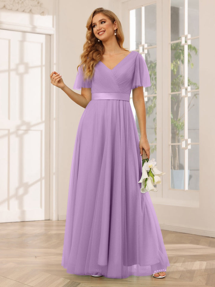 Ligne A/Princesse Col en V Manches Courtes La Longueur du Sol Long Robes de Demoiselle d'Honneur avec Dentelle
