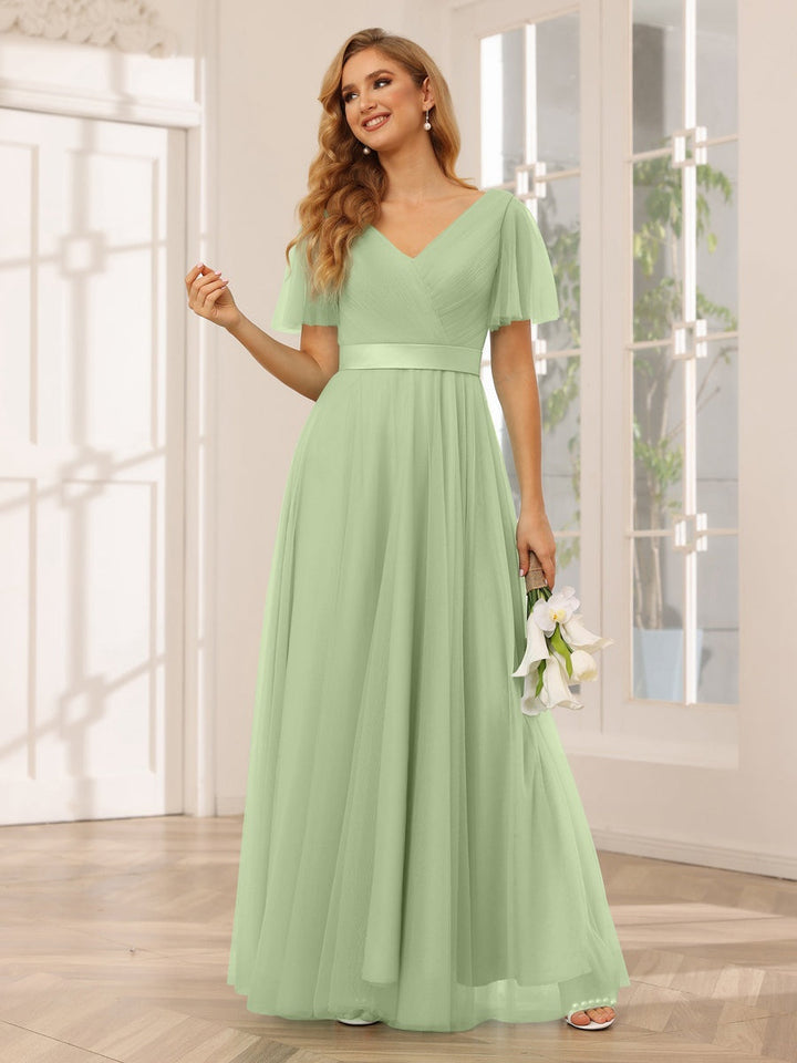 Ligne A/Princesse Col en V Manches Courtes La Longueur du Sol Long Robes de Demoiselle d'Honneur avec Dentelle