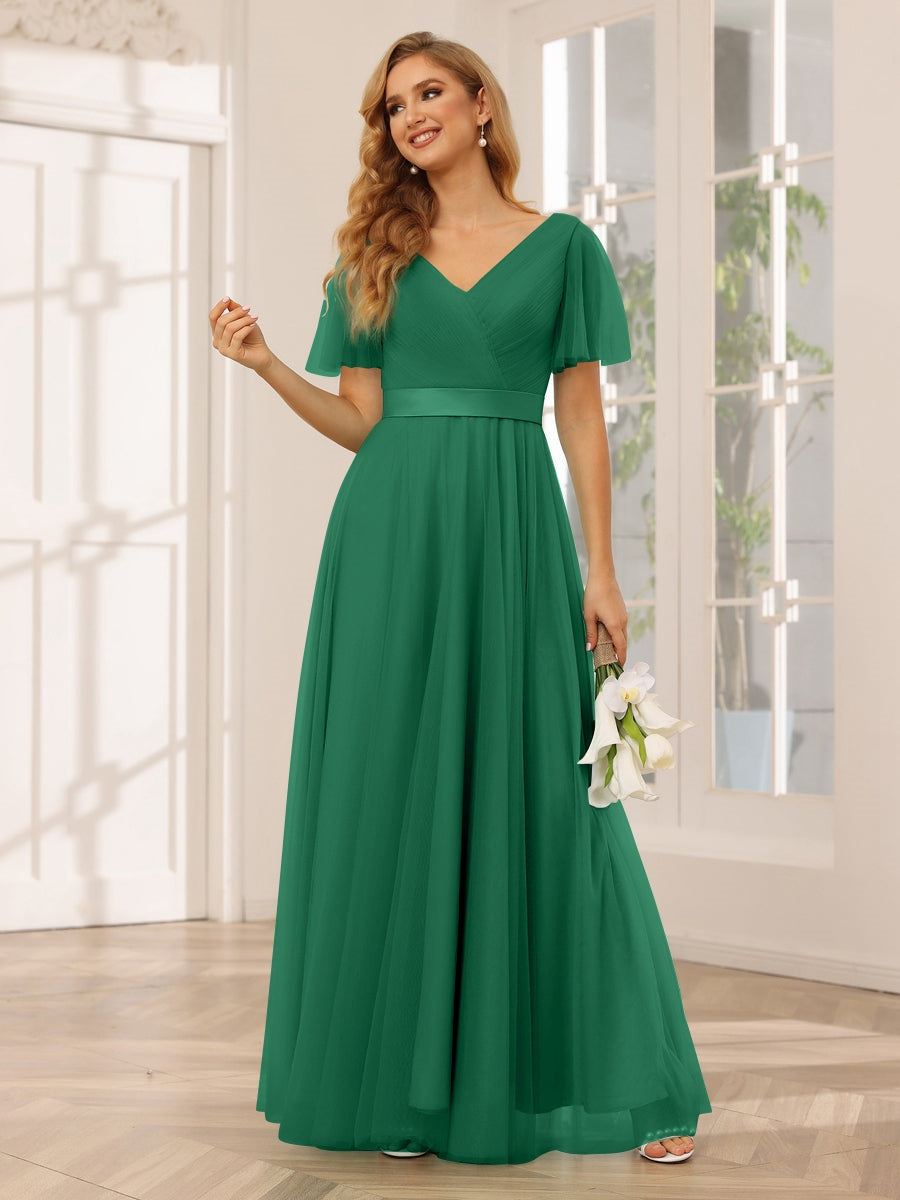 Ligne A/Princesse Col en V Manches Courtes La Longueur du Sol Long Robes de Demoiselle d'Honneur avec Dentelle