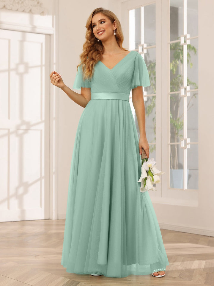 Ligne A/Princesse Col en V Manches Courtes La Longueur du Sol Long Robes de Demoiselle d'Honneur avec Dentelle