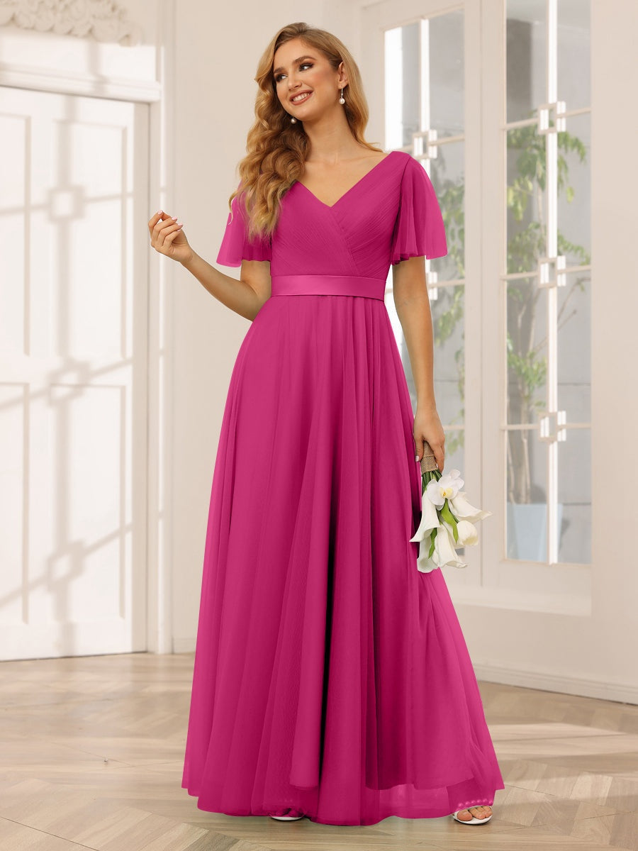 Ligne A/Princesse Col en V Manches Courtes La Longueur du Sol Long Robes de Demoiselle d'Honneur avec Dentelle