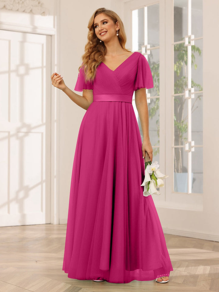 Ligne A/Princesse Col en V Manches Courtes La Longueur du Sol Long Robes de Demoiselle d'Honneur avec Dentelle