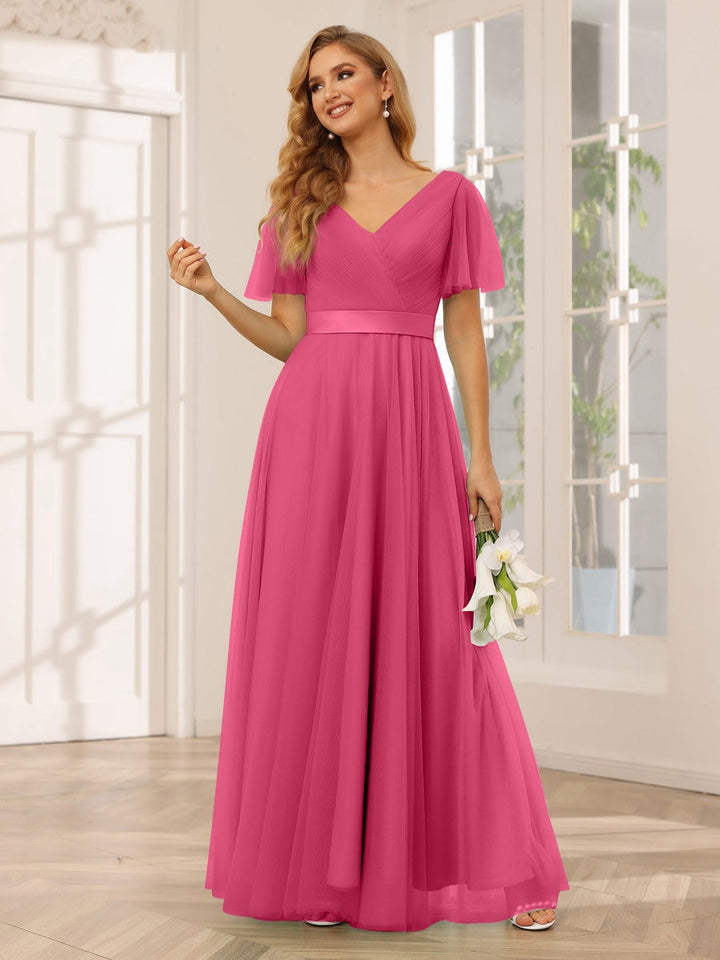 Ligne A/Princesse Col en V Manches Courtes La Longueur du Sol Long Robes de Demoiselle d'Honneur avec Dentelle