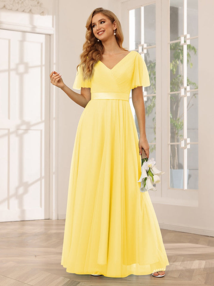 Ligne A/Princesse Col en V Manches Courtes La Longueur du Sol Long Robes de Demoiselle d'Honneur avec Dentelle