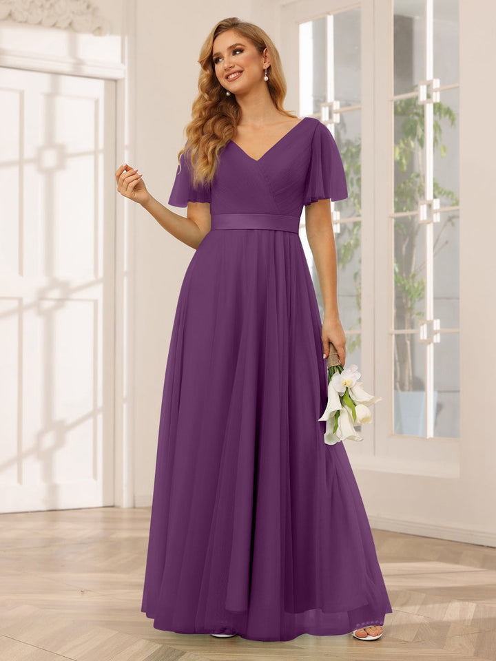 Ligne A/Princesse Col en V Manches Courtes La Longueur du Sol Long Robes de Demoiselle d'Honneur avec Dentelle