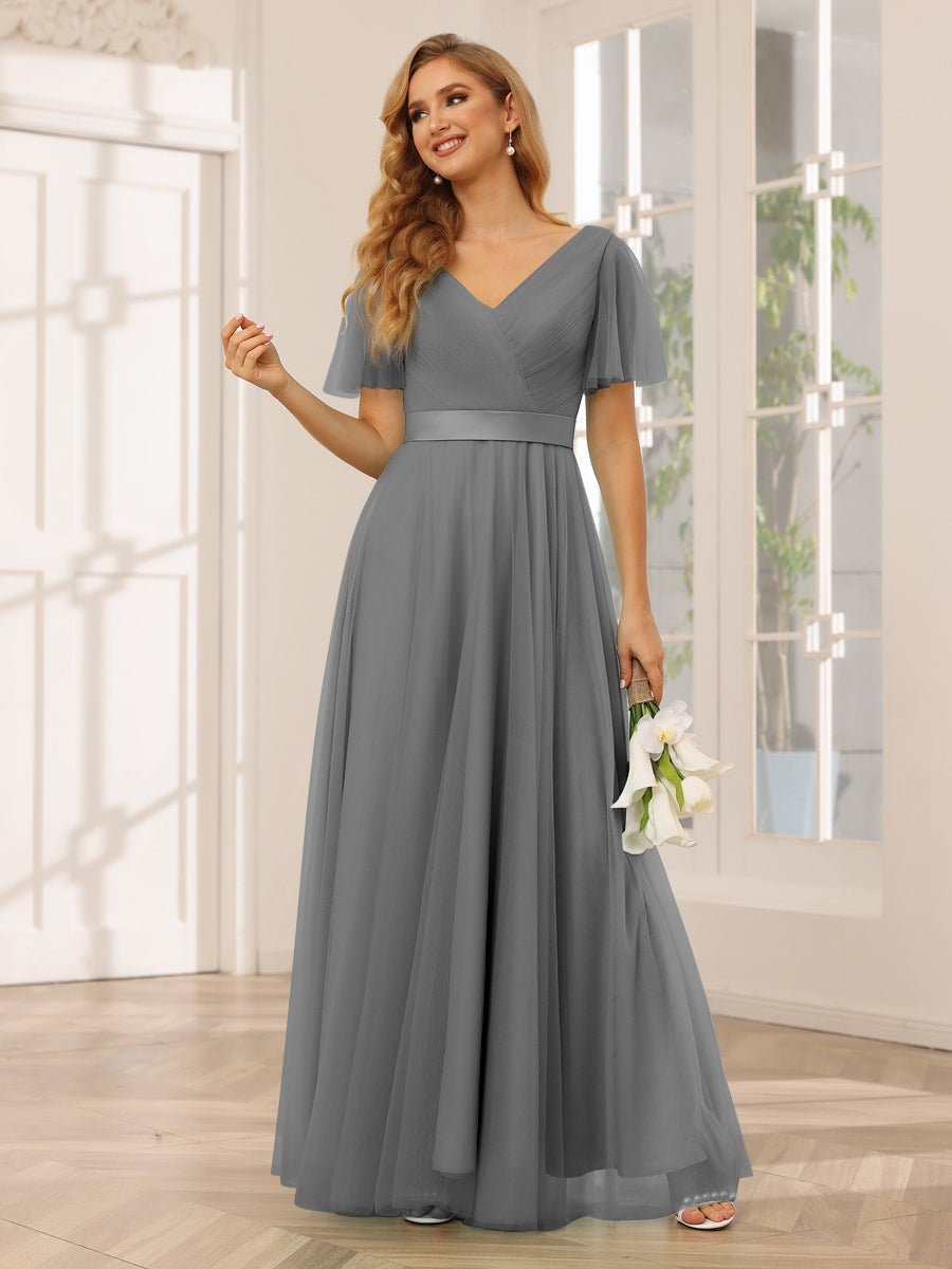 Ligne A/Princesse Col en V Manches Courtes La Longueur du Sol Long Robes de Demoiselle d'Honneur avec Dentelle