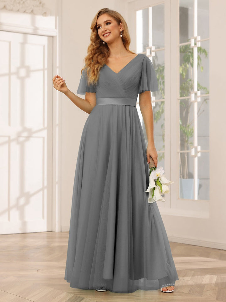Ligne A/Princesse Col en V Manches Courtes La Longueur du Sol Long Robes de Demoiselle d'Honneur avec Dentelle