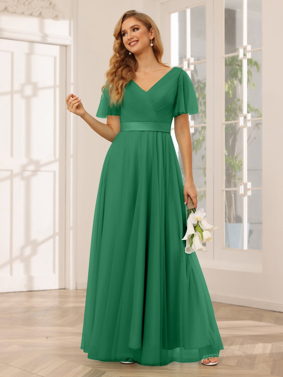 Ligne A/Princesse Col en V Manches Courtes La Longueur du Sol Long Robes de Demoiselle d'Honneur avec Dentelle