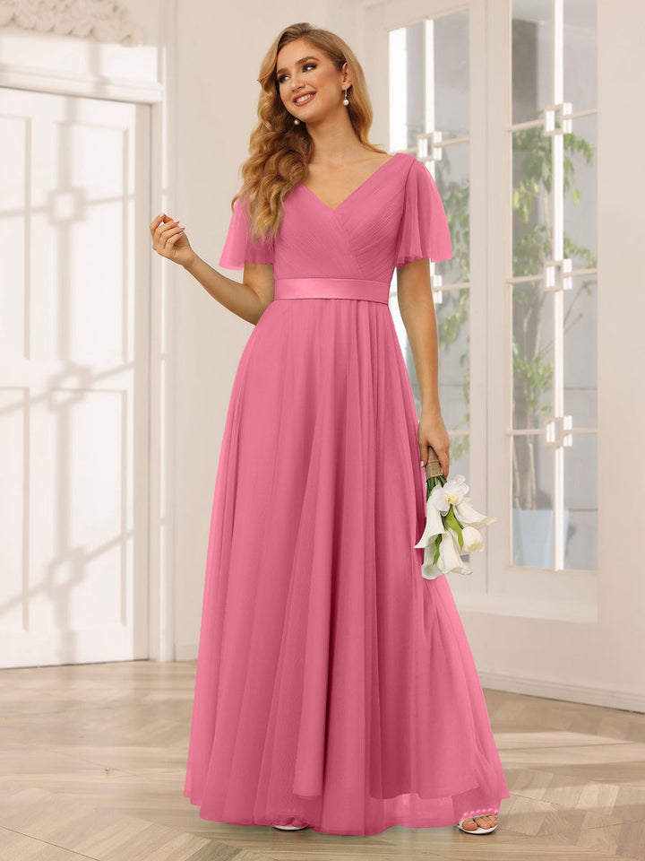 Ligne A/Princesse Col en V Manches Courtes La Longueur du Sol Long Robes de Demoiselle d'Honneur avec Dentelle