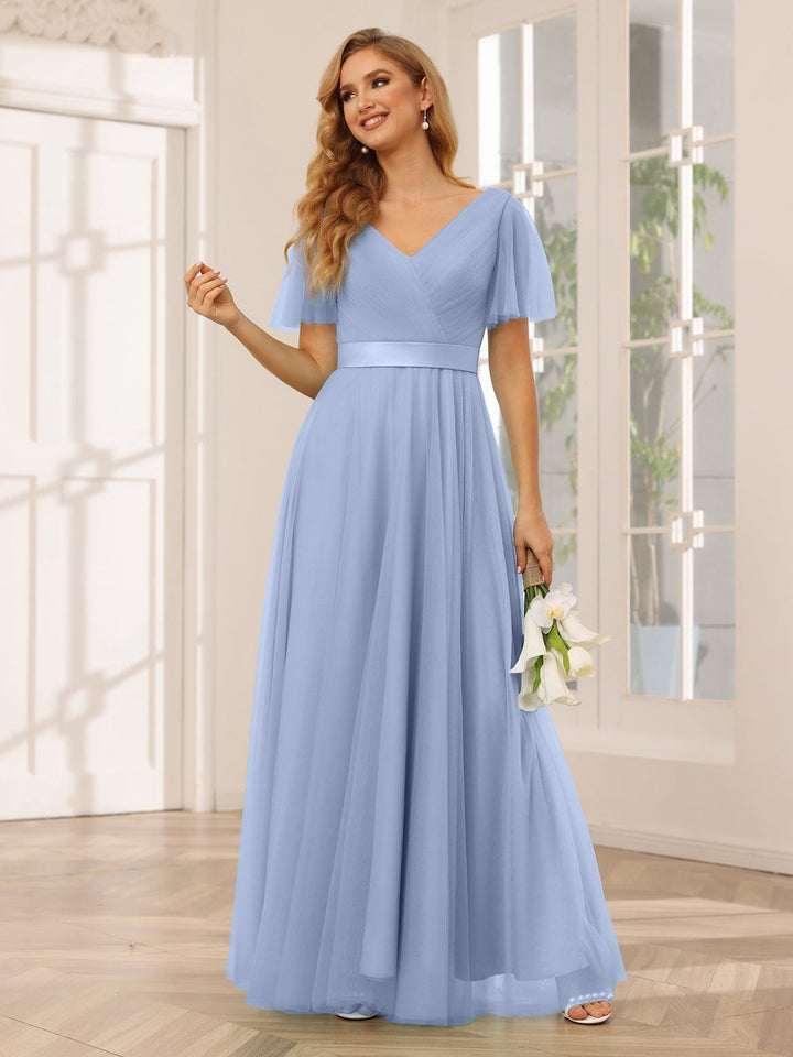 Ligne A/Princesse Col en V Manches Courtes La Longueur du Sol Long Robes de Demoiselle d'Honneur avec Dentelle