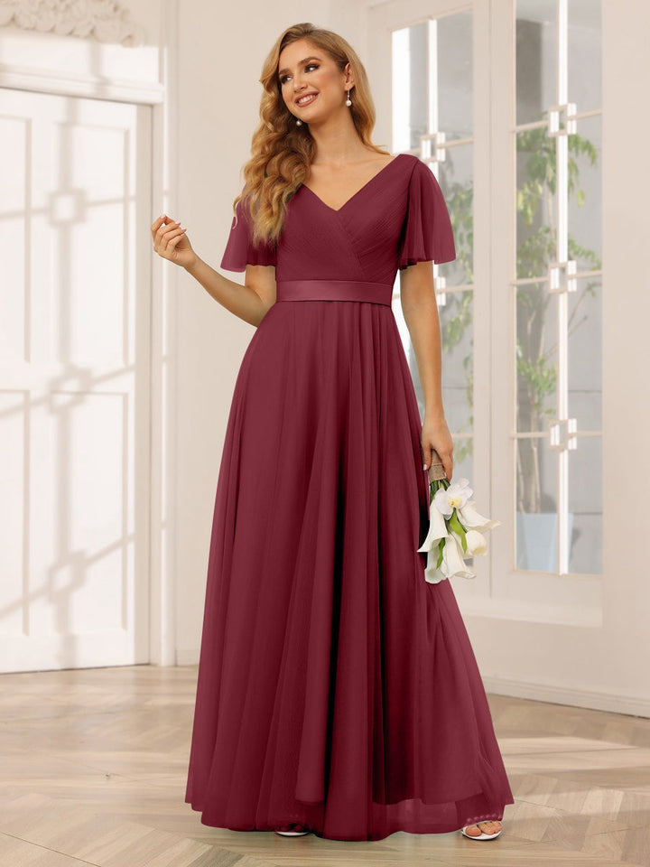 Ligne A/Princesse Col en V Manches Courtes La Longueur du Sol Long Robes de Demoiselle d'Honneur avec Dentelle