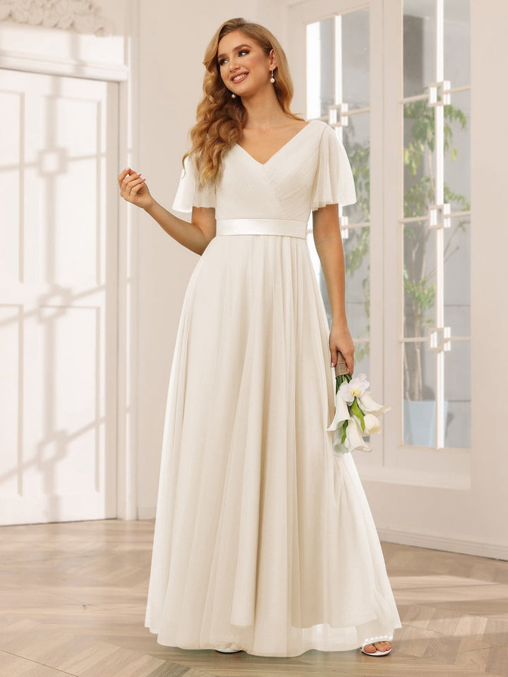 Ligne A/Princesse Col en V Manches Courtes La Longueur du Sol Long Robes de Demoiselle d'Honneur avec Dentelle