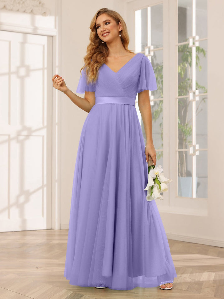 Ligne A/Princesse Col en V Manches Courtes La Longueur du Sol Long Robes de Demoiselle d'Honneur avec Dentelle