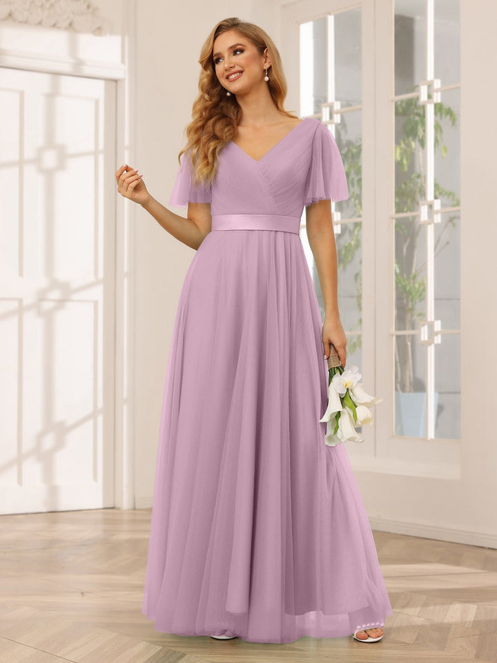 Ligne A/Princesse Col en V Manches Courtes La Longueur du Sol Long Robes de Demoiselle d'Honneur avec Dentelle
