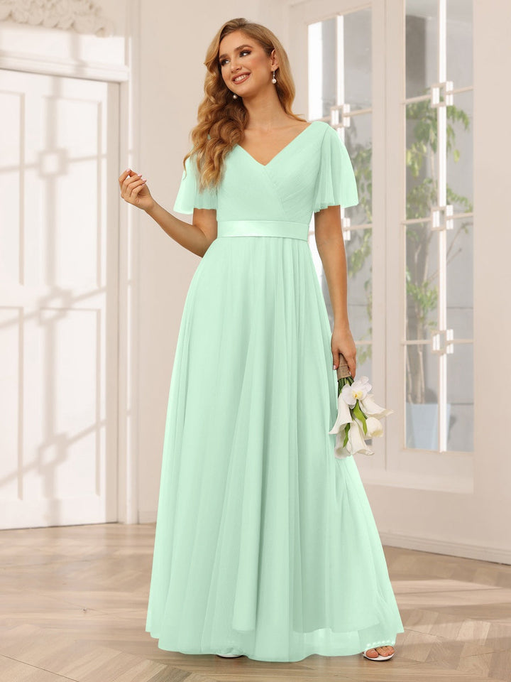 Ligne A/Princesse Col en V Manches Courtes La Longueur du Sol Long Robes de Demoiselle d'Honneur avec Dentelle