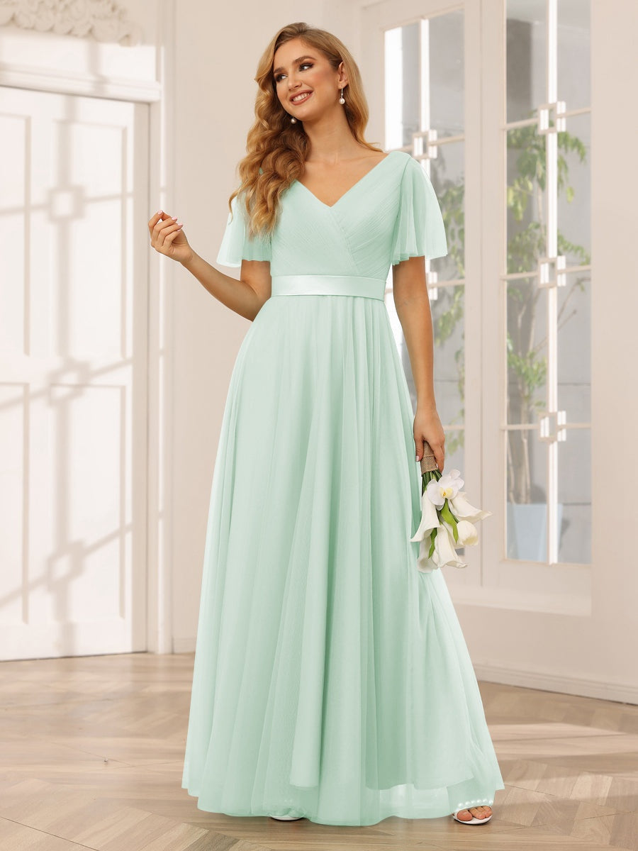 Ligne A/Princesse Col en V Manches Courtes La Longueur du Sol Long Robes de Demoiselle d'Honneur avec Dentelle