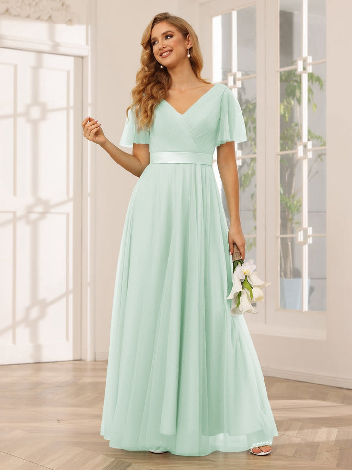 Ligne A/Princesse Col en V Manches Courtes La Longueur du Sol Long Robes de Demoiselle d'Honneur avec Dentelle