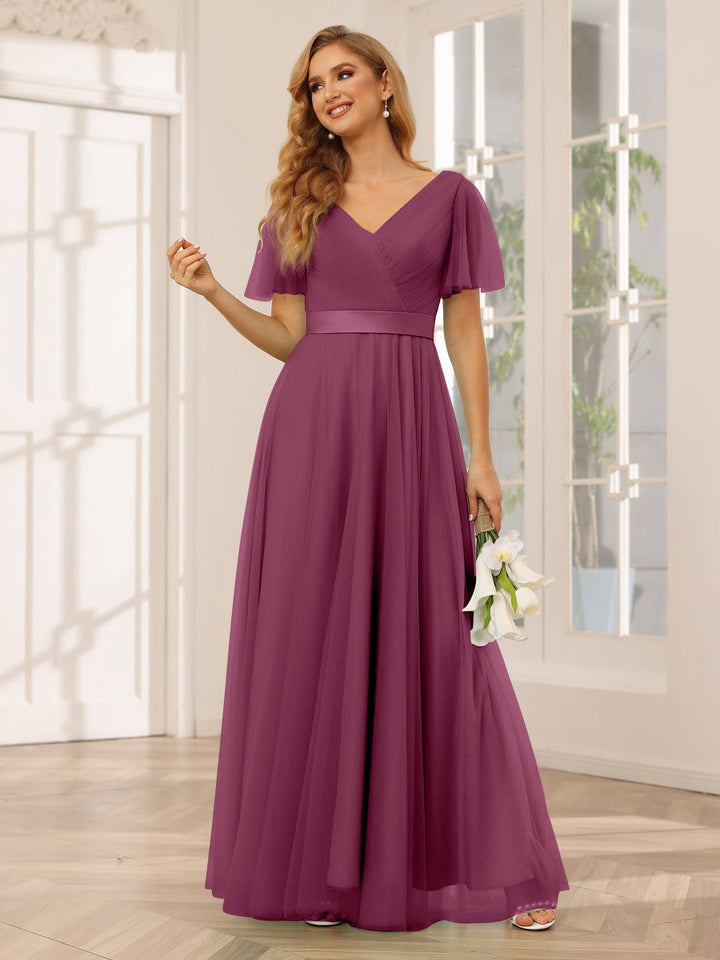 Ligne A/Princesse Col en V Manches Courtes La Longueur du Sol Long Robes de Demoiselle d'Honneur avec Dentelle