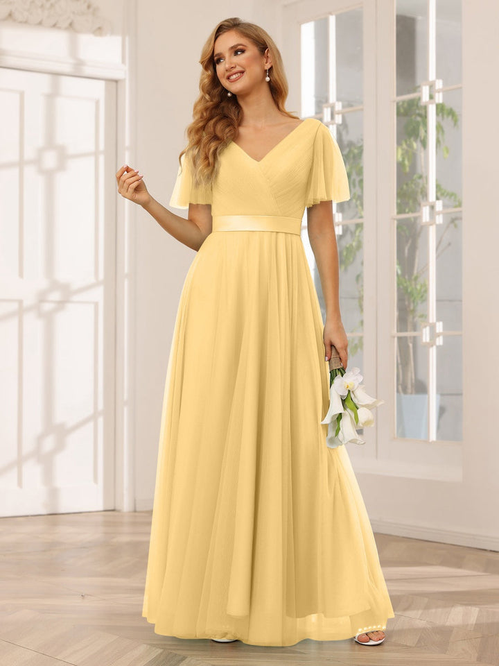 Ligne A/Princesse Col en V Manches Courtes La Longueur du Sol Long Robes de Demoiselle d'Honneur avec Dentelle
