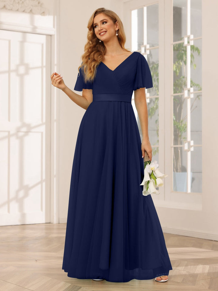 Ligne A/Princesse Col en V Manches Courtes La Longueur du Sol Long Robes de Demoiselle d'Honneur avec Dentelle