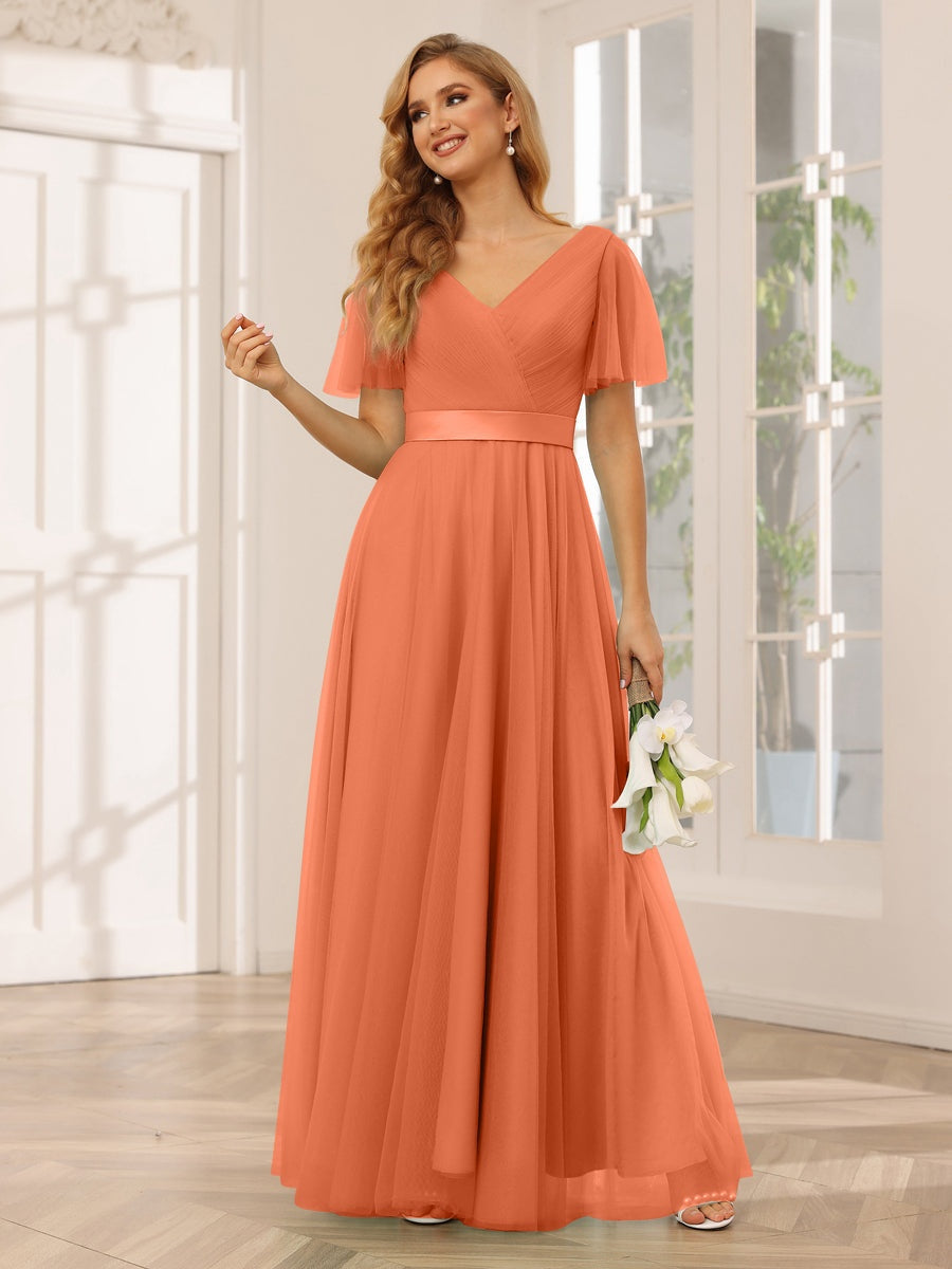 Ligne A/Princesse Col en V Manches Courtes La Longueur du Sol Long Robes de Demoiselle d'Honneur avec Dentelle