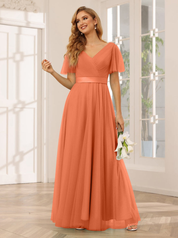 Ligne A/Princesse Col en V Manches Courtes La Longueur du Sol Long Robes de Demoiselle d'Honneur avec Dentelle