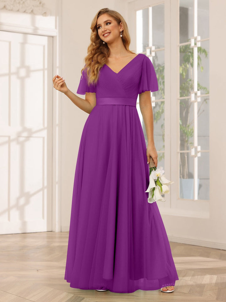 Ligne A/Princesse Col en V Manches Courtes La Longueur du Sol Long Robes de Demoiselle d'Honneur avec Dentelle
