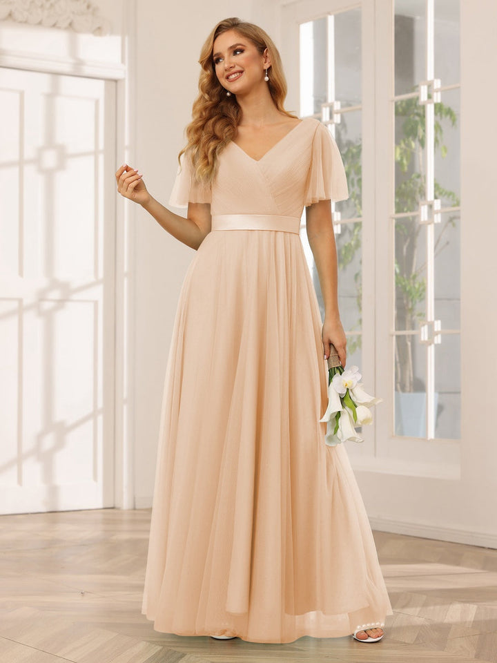 Ligne A/Princesse Col en V Manches Courtes La Longueur du Sol Long Robes de Demoiselle d'Honneur avec Dentelle