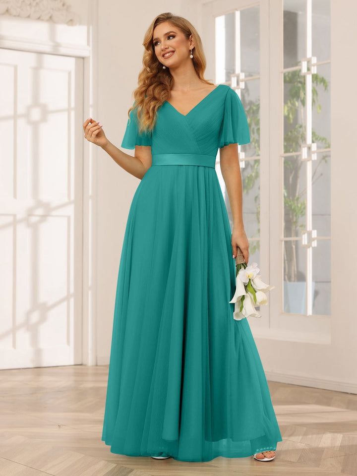 Ligne A/Princesse Col en V Manches Courtes La Longueur du Sol Long Robes de Demoiselle d'Honneur avec Dentelle