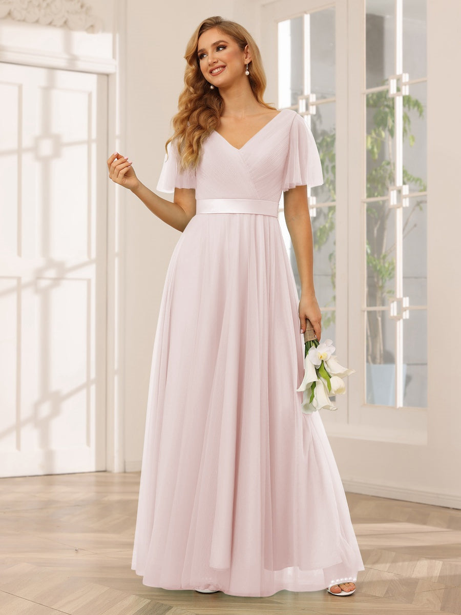 Ligne A/Princesse Col en V Manches Courtes La Longueur du Sol Long Robes de Demoiselle d'Honneur avec Dentelle