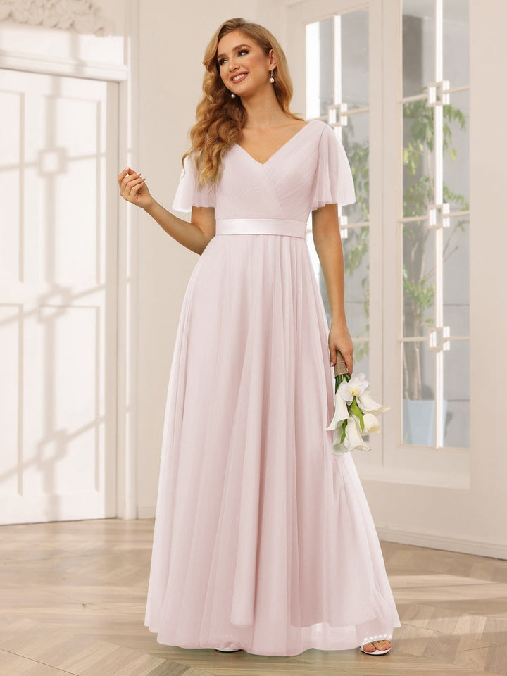 Ligne A/Princesse Col en V Manches Courtes La Longueur du Sol Long Robes de Demoiselle d'Honneur avec Dentelle