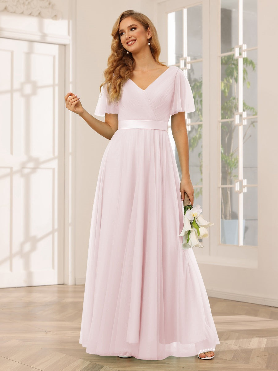 Ligne A/Princesse Col en V Manches Courtes La Longueur du Sol Long Robes de Demoiselle d'Honneur avec Dentelle