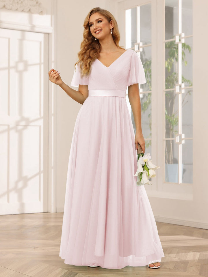 Ligne A/Princesse Col en V Manches Courtes La Longueur du Sol Long Robes de Demoiselle d'Honneur avec Dentelle