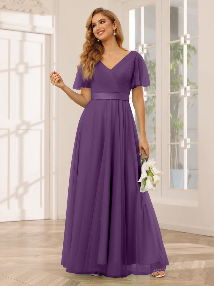 Ligne A/Princesse Col en V Manches Courtes La Longueur du Sol Long Robes de Demoiselle d'Honneur avec Dentelle