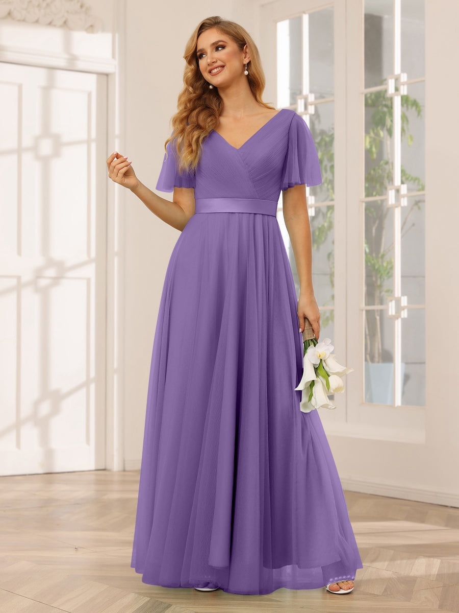 Ligne A/Princesse Col en V Manches Courtes La Longueur du Sol Long Robes de Demoiselle d'Honneur avec Dentelle