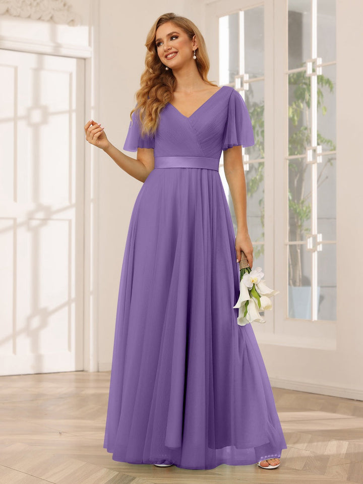 Ligne A/Princesse Col en V Manches Courtes La Longueur du Sol Long Robes de Demoiselle d'Honneur avec Dentelle