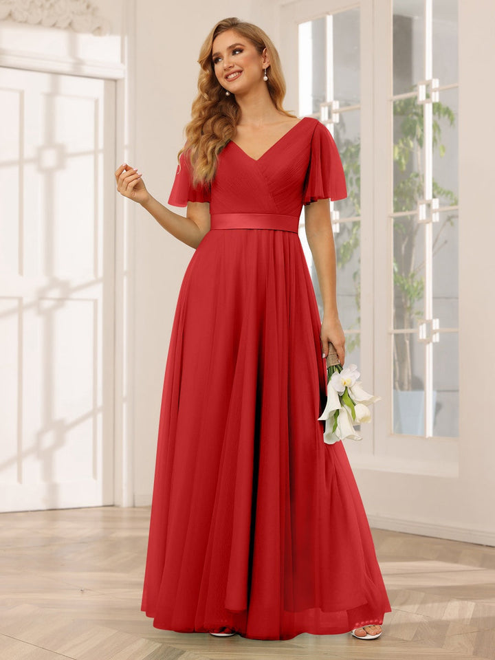 Ligne A/Princesse Col en V Manches Courtes La Longueur du Sol Long Robes de Demoiselle d'Honneur avec Dentelle