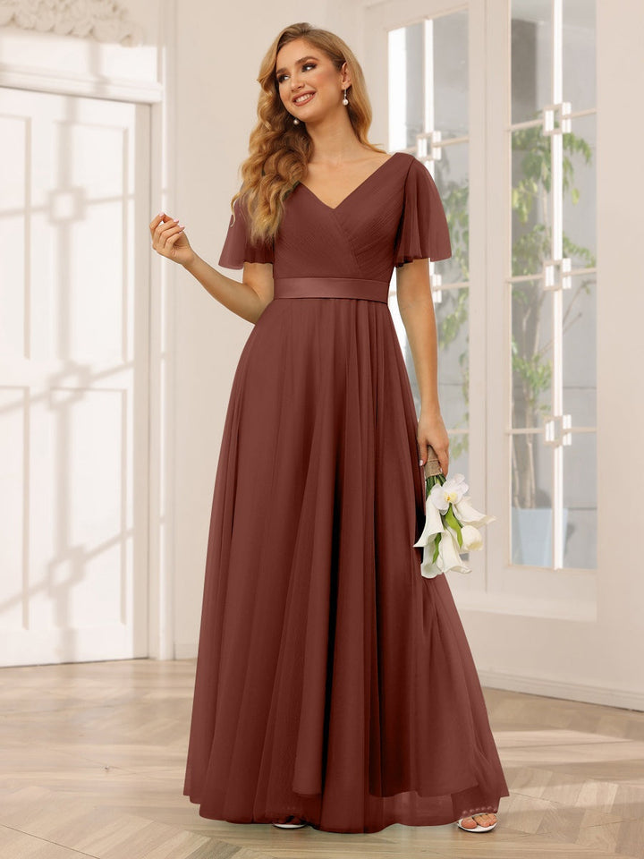 Ligne A/Princesse Col en V Manches Courtes La Longueur du Sol Long Robes de Demoiselle d'Honneur avec Dentelle