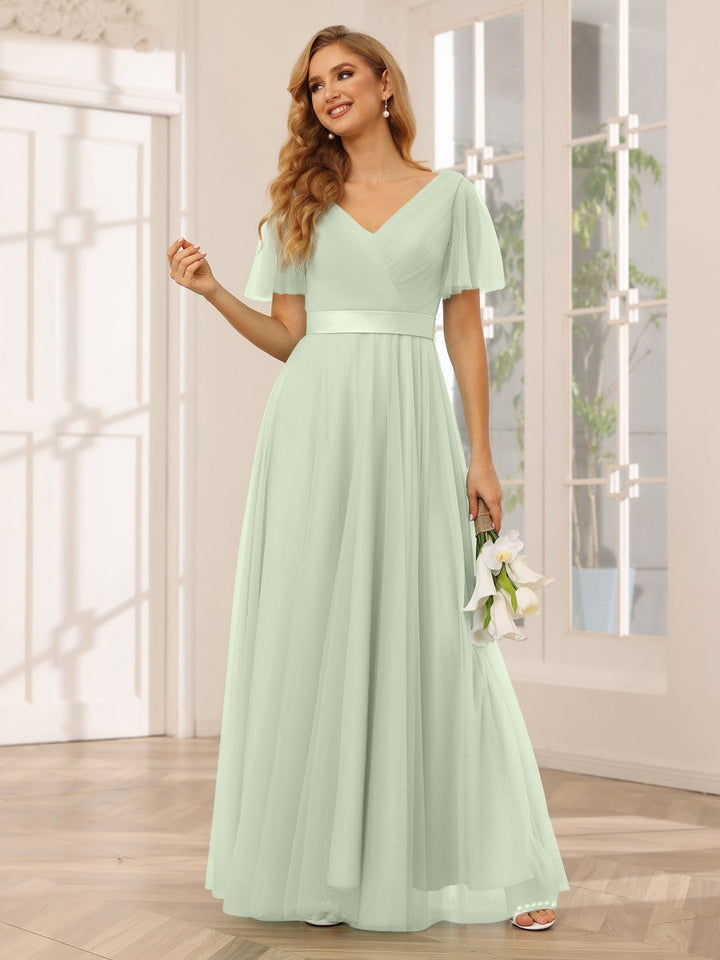 Ligne A/Princesse Col en V Manches Courtes La Longueur du Sol Long Robes de Demoiselle d'Honneur avec Dentelle