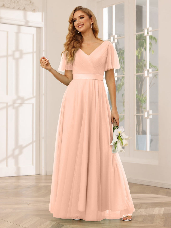 Ligne A/Princesse Col en V Manches Courtes La Longueur du Sol Long Robes de Demoiselle d'Honneur avec Dentelle