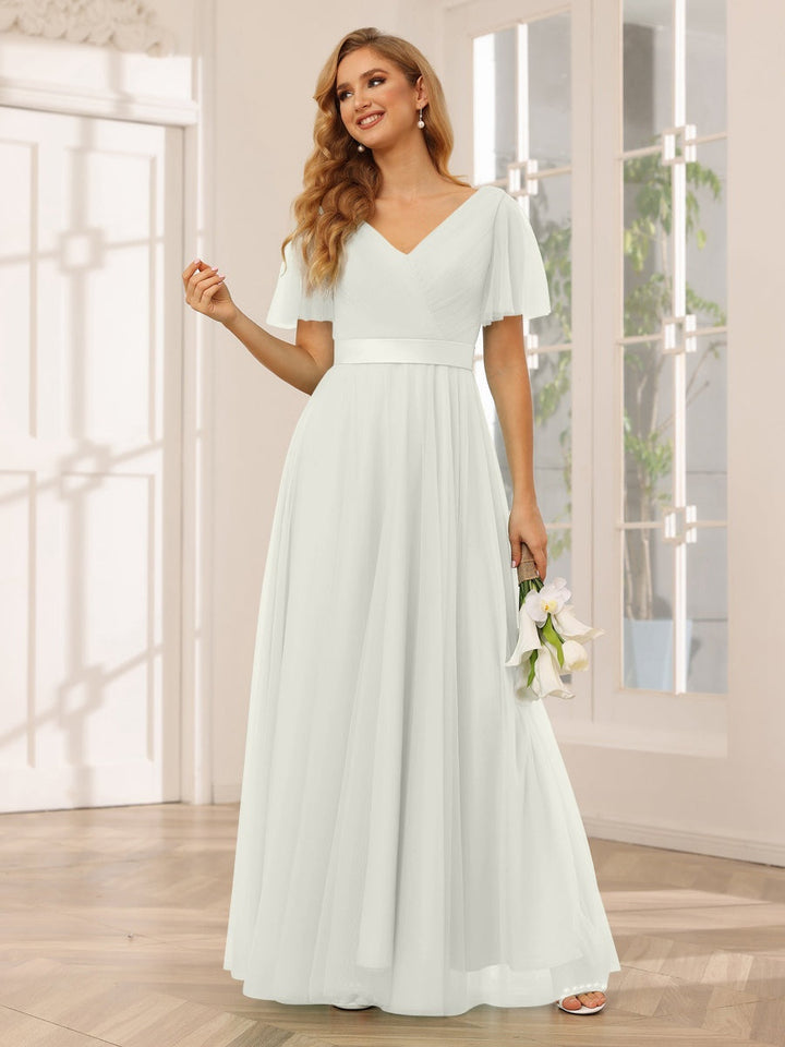 Ligne A/Princesse Col en V Manches Courtes La Longueur du Sol Long Robes de Demoiselle d'Honneur avec Dentelle