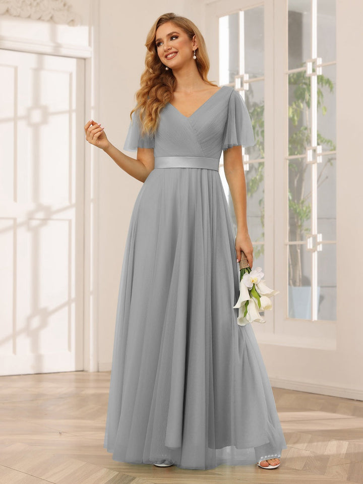 Ligne A/Princesse Col en V Manches Courtes La Longueur du Sol Long Robes de Demoiselle d'Honneur avec Dentelle