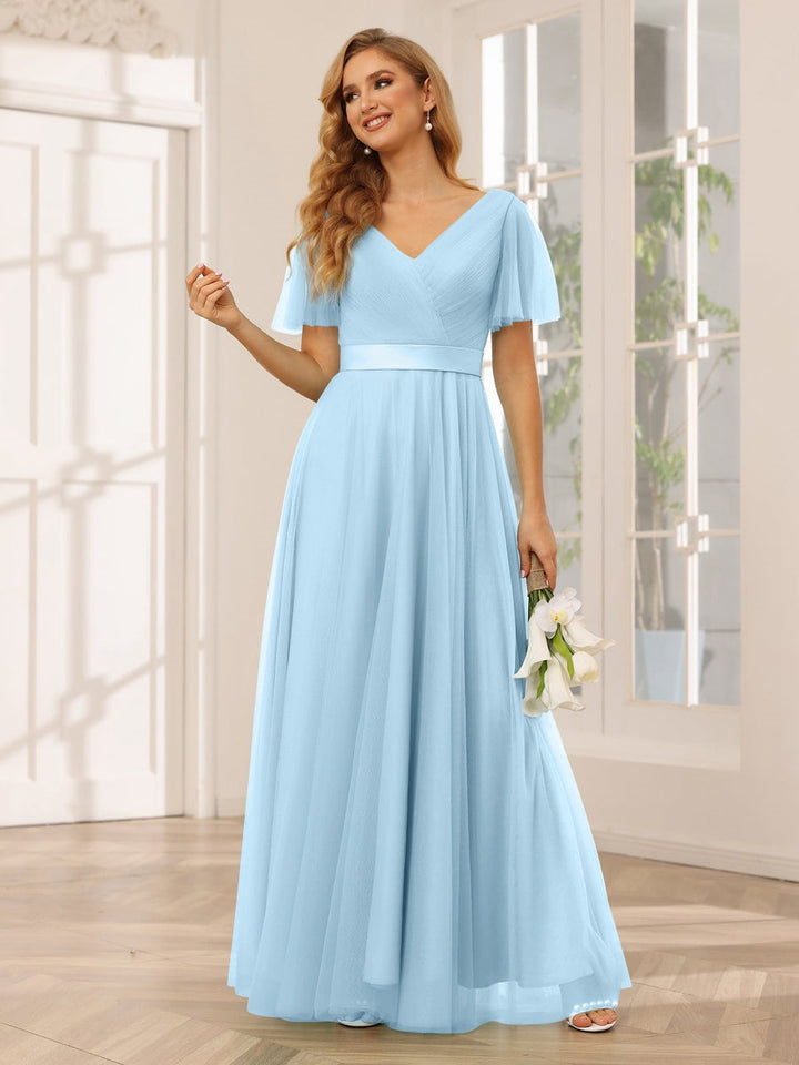 Ligne A/Princesse Col en V Manches Courtes La Longueur du Sol Long Robes de Demoiselle d'Honneur avec Dentelle