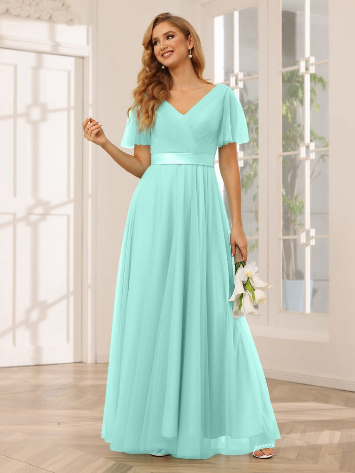 Ligne A/Princesse Col en V Manches Courtes La Longueur du Sol Long Robes de Demoiselle d'Honneur avec Dentelle