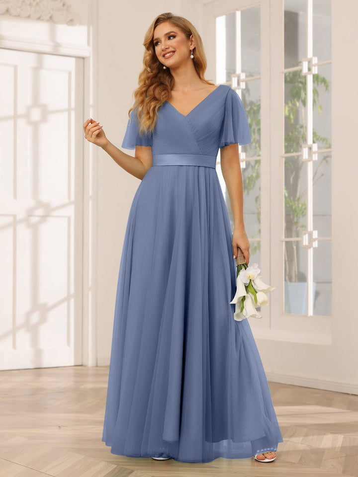 Ligne A/Princesse Col en V Manches Courtes La Longueur du Sol Long Robes de Demoiselle d'Honneur avec Dentelle