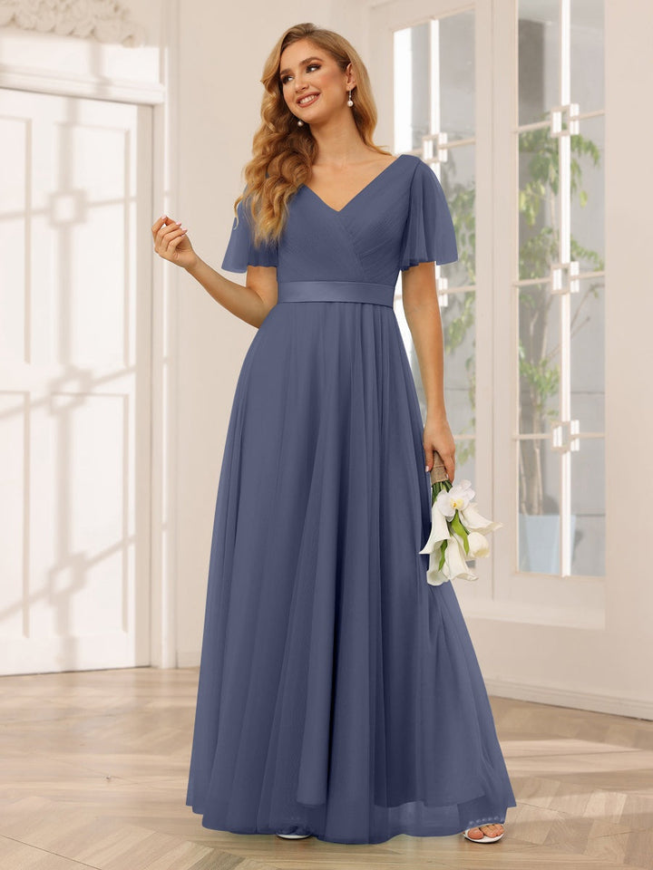 Ligne A/Princesse Col en V Manches Courtes La Longueur du Sol Long Robes de Demoiselle d'Honneur avec Dentelle