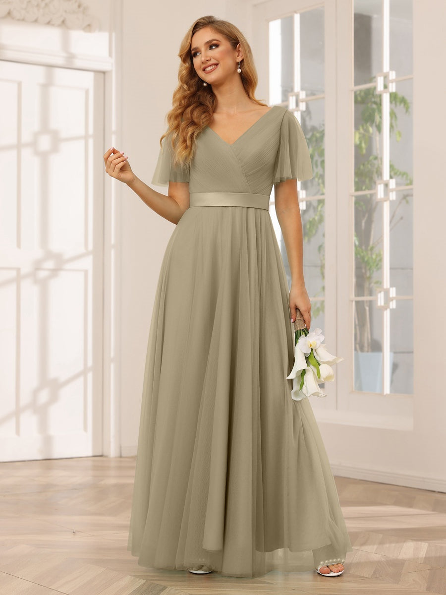 Ligne A/Princesse Col en V Manches Courtes La Longueur du Sol Long Robes de Demoiselle d'Honneur avec Dentelle